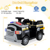Toddler fire toy car in black with steering wheel, foot pedal, and safety belt, designed for kids aged 37-95 months.