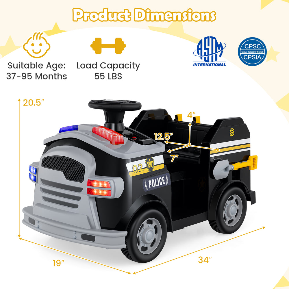 Toddler fire toy car in black with steering wheel, foot pedal, and safety belt, designed for kids aged 37-95 months.