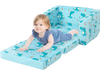Kids recliner sofa in blue with dinosaur pattern, converts to sleeper bed, ideal for comfort and playtime.