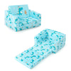 Kids recliner sofa in blue with dinosaur pattern, converts to sleeper bed, featuring soft upholstery and storage.