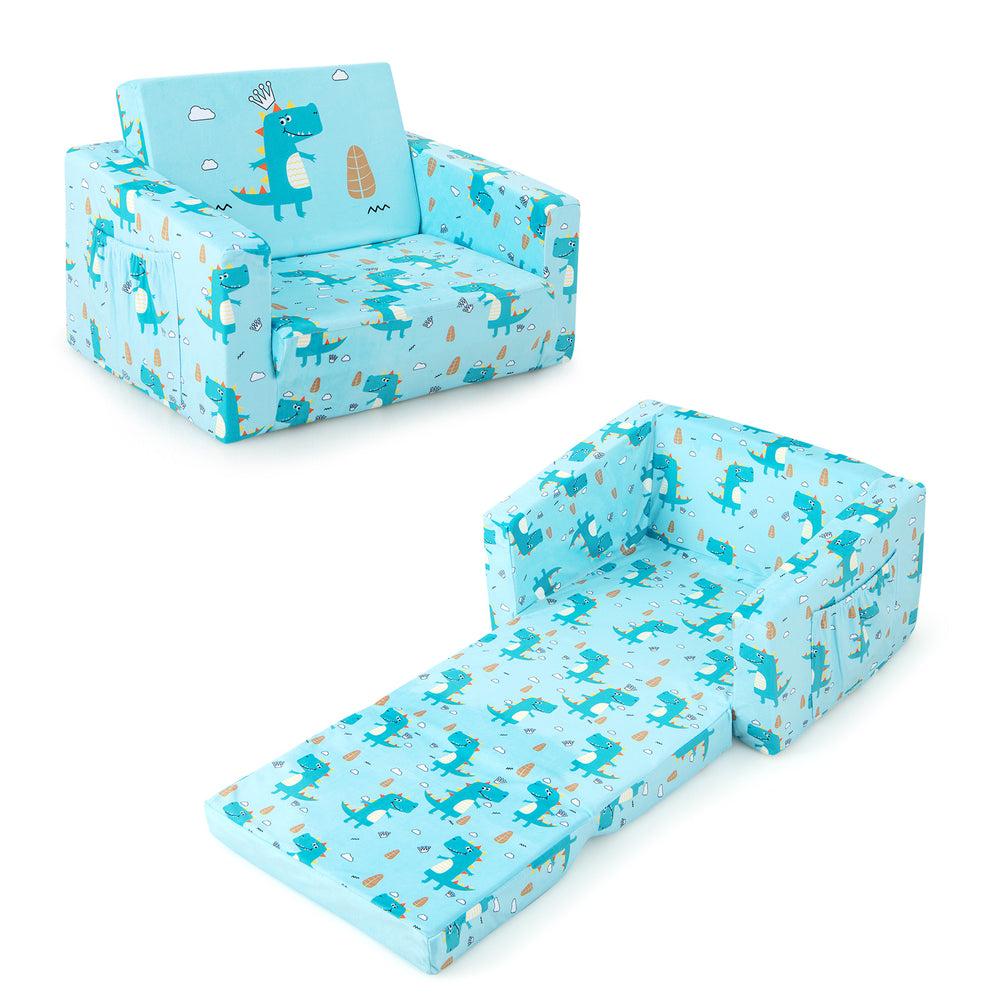 Kids recliner sofa in blue with dinosaur pattern, converts to sleeper bed, featuring soft upholstery and storage.
