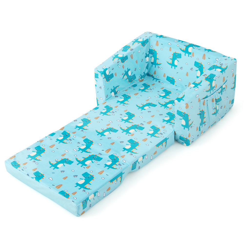 Kids recliner sofa in blue with dinosaur pattern, side view showcasing integrated armrests and plush upholstery for.