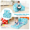 Convertible kids sofa in blue with dinosaur pattern, folds into a lounger, featuring plush upholstery and storage.