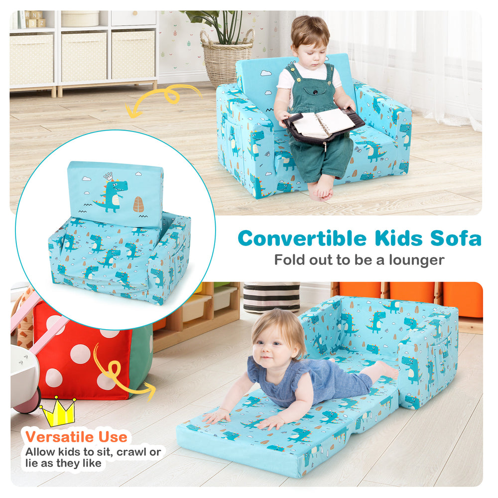 Convertible kids sofa in blue with dinosaur pattern, folds into a lounger, featuring plush upholstery and storage.