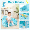 Kids recliner sofa in blue with dinosaur pattern, integrated armrests, and storage pockets, converts to sleeper bed.