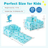Kids recliner sofa in blue with dinosaur pattern, converts to sleeper bed, perfect for ages 18-36 months.