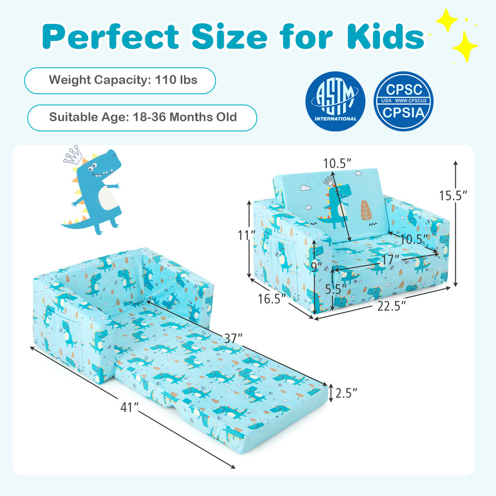Kids recliner sofa in blue with dinosaur pattern, converts to sleeper bed, perfect for ages 18-36 months.