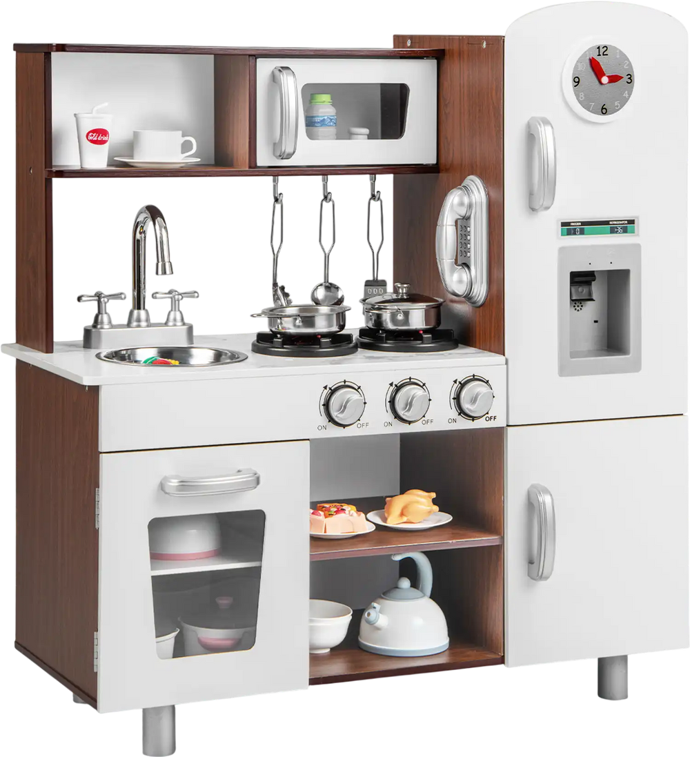 Kids kitchen playset in brown and white with smooth surfaces and round corners for enhanced safety during imaginative.