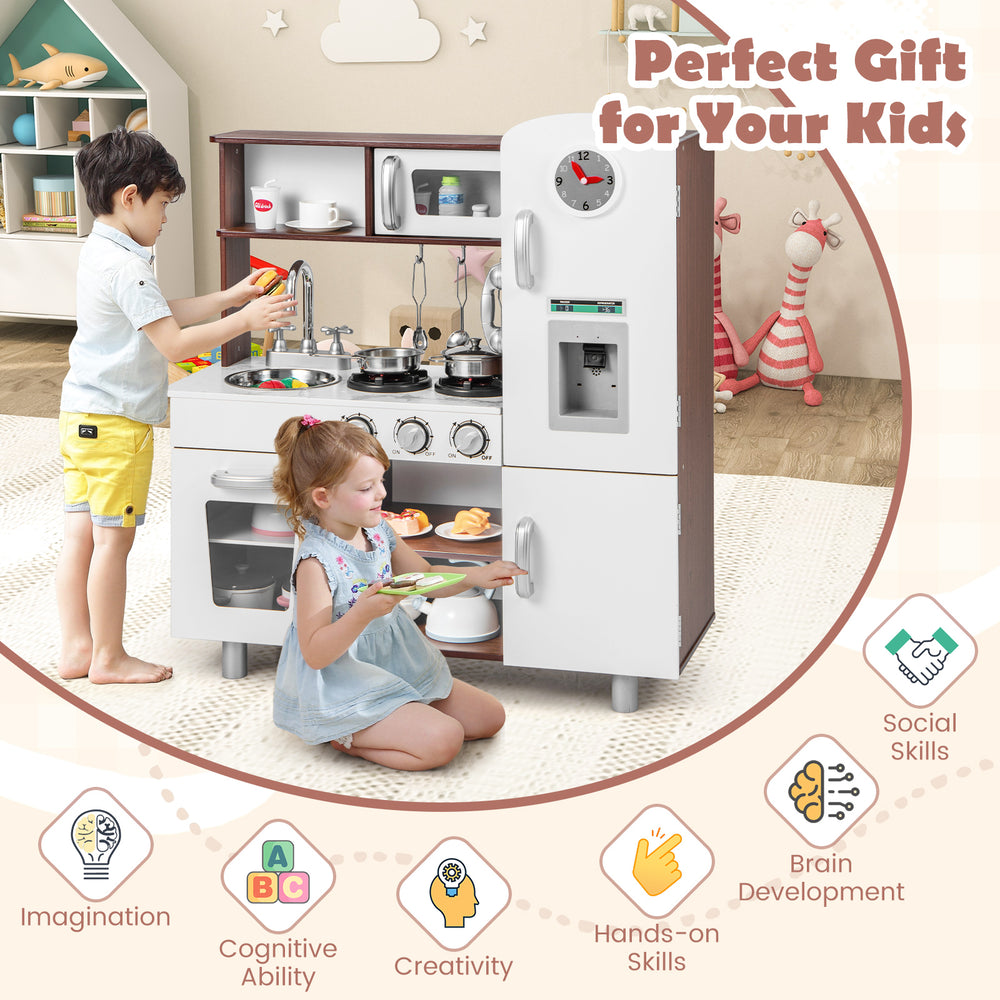 Kids kitchen playset in brown and white with realistic sounds, lights, and ample storage for imaginative play and skill.