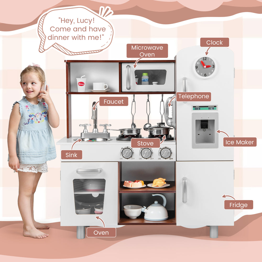 Kids kitchen playset in brown and white with realistic sounds and lights, featuring stove, fridge, and ample storage.