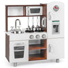 Kids kitchen playset in brown and white with realistic sounds, lights, and ample storage for imaginative play.