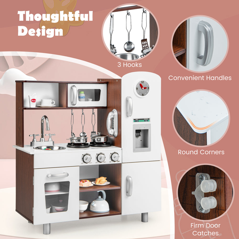 Kids kitchen playset in brown and white featuring realistic sounds, lights, and ample storage for imaginative play.