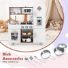 Kids kitchen playset in brown and white with realistic sounds, lights, and included stainless steel pots for.