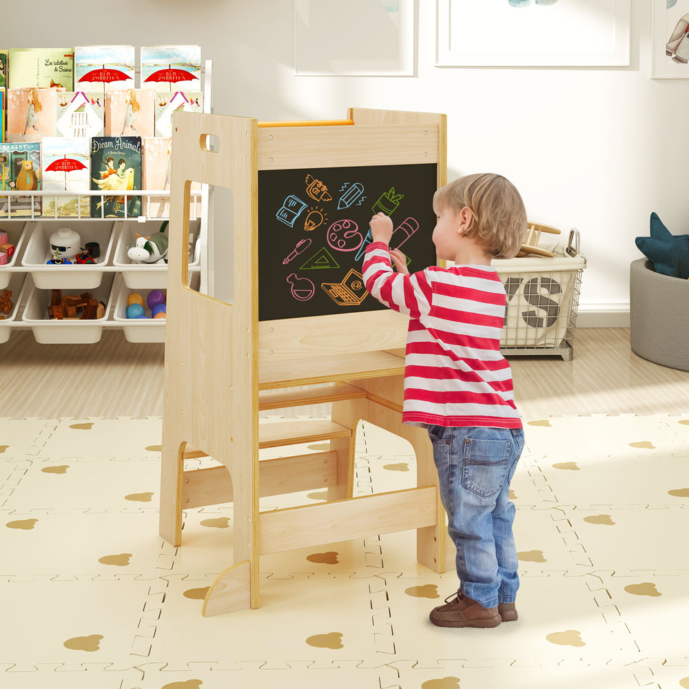 Toddler Kitchen Step Stool with Activity Chalkboard and Adjustable Height-Natural - Gallery View 1 of 11