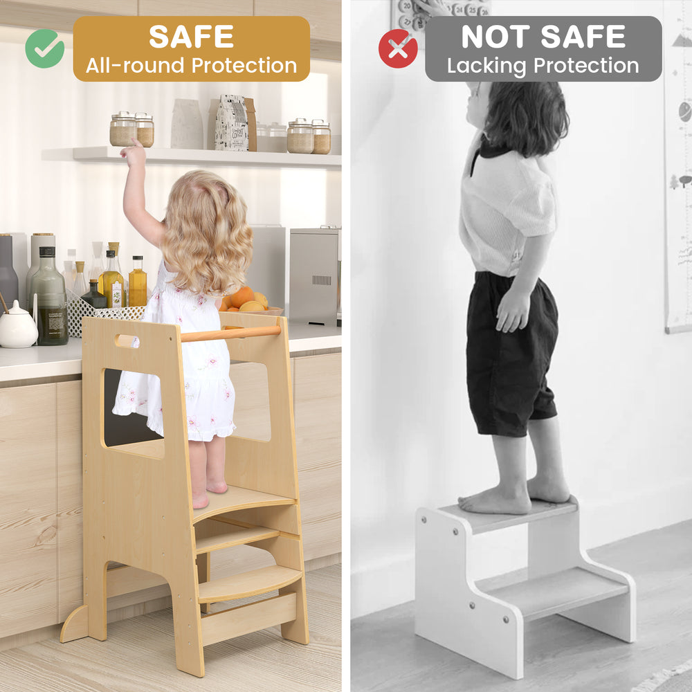 Toddler kitchen step stool with adjustable height, solid wood, anti-falling safety rail, perfect for family cooking.