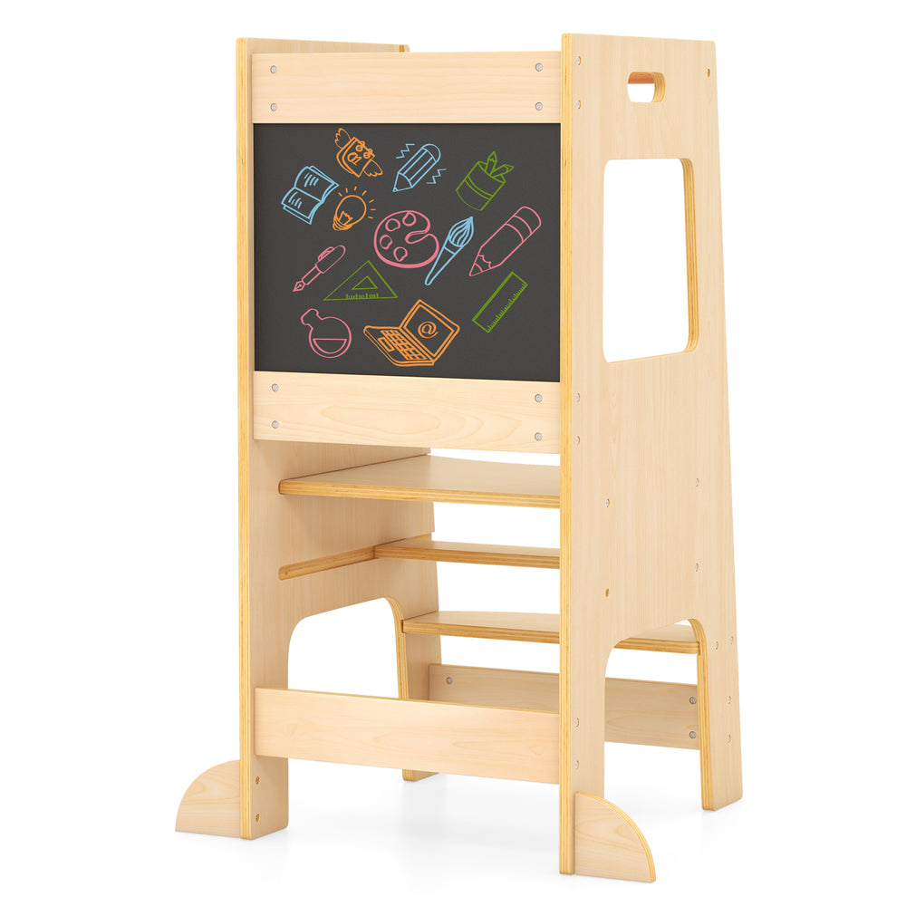 Toddler kitchen step stool with adjustable height, solid wood, and dual chalkboards for creative activities.