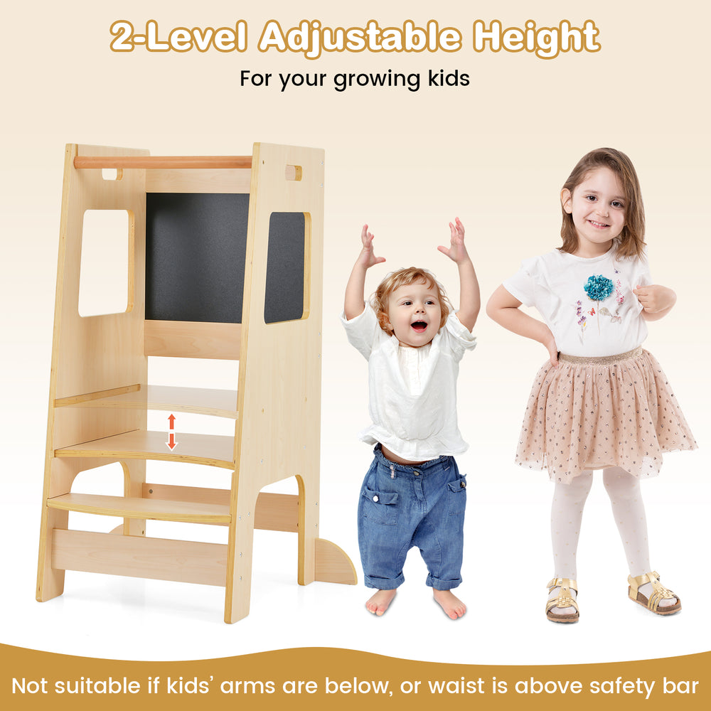 Toddler kitchen step stool with adjustable height, natural wood, featuring chalkboards for creative activities.