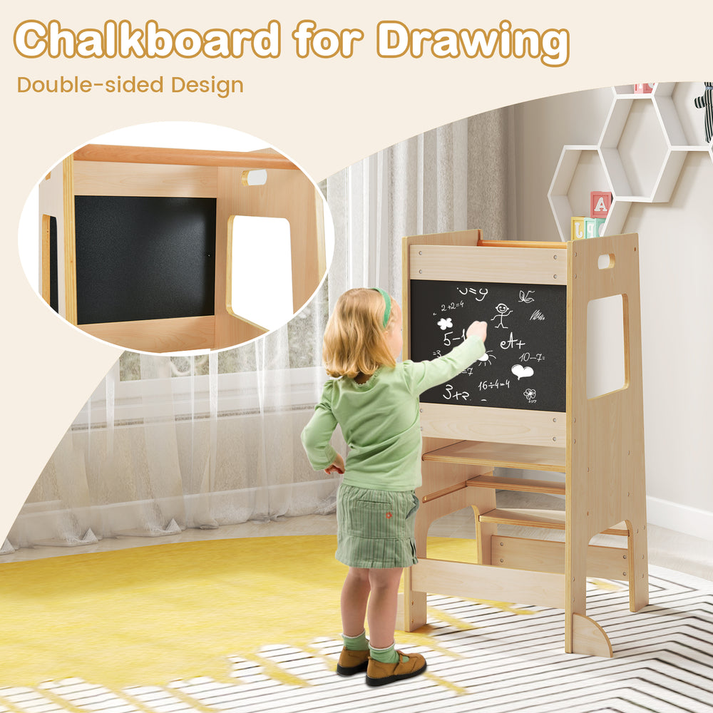Double-sided chalkboard on a toddler kitchen step stool, crafted from solid wood, ideal for drawing and writing.