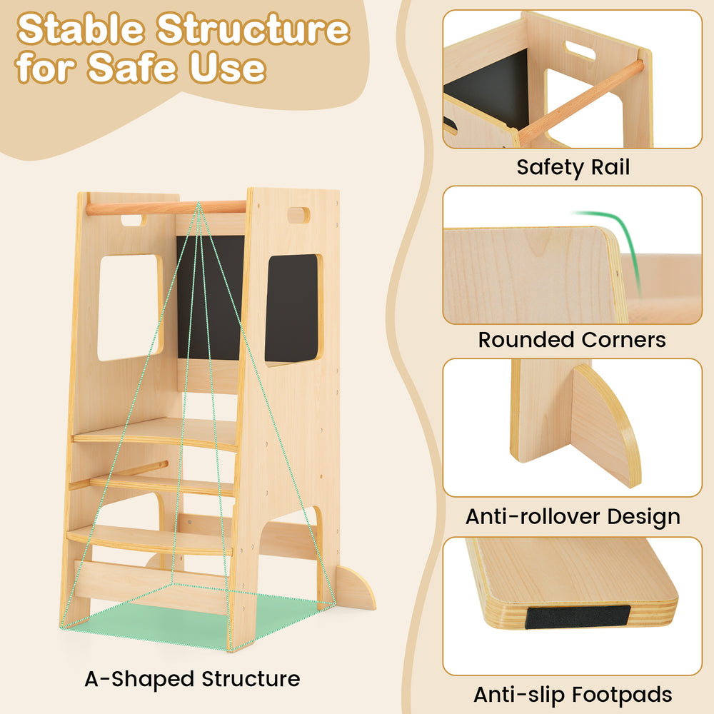 Toddler kitchen step stool with adjustable height, safety rail, and chalkboards for creative activities and safe use.