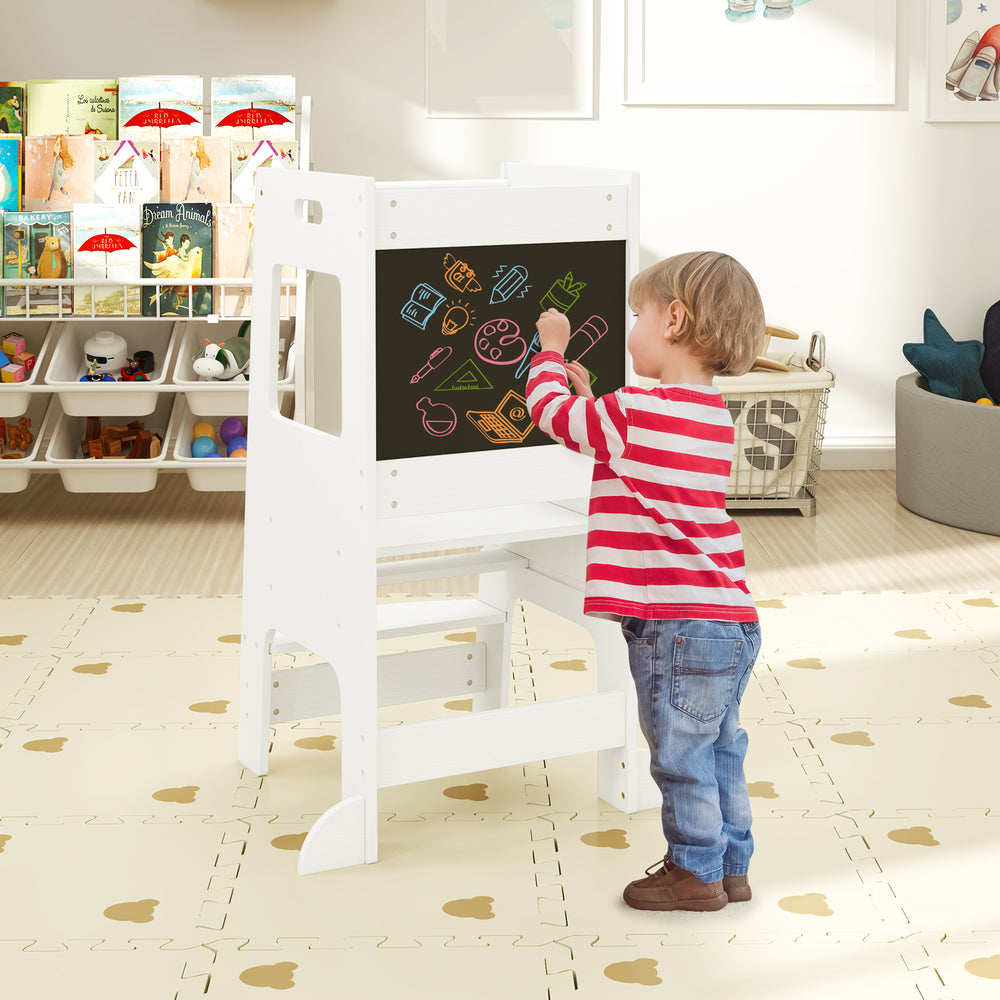 Toddler Kitchen Step Stool with Activity Chalkboard and Adjustable Height-White - Gallery View 1 of 11