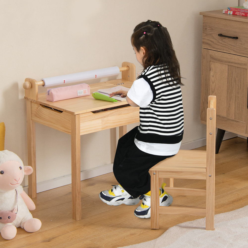 Toddler activity table and chair set in natural wood, featuring a paper roll holder and high backrest for support.