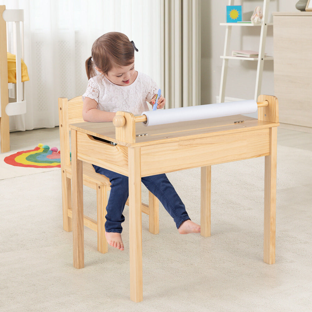 Toddler activity table and chair set in natural wood, featuring a paper roll holder and high backrest for comfort.