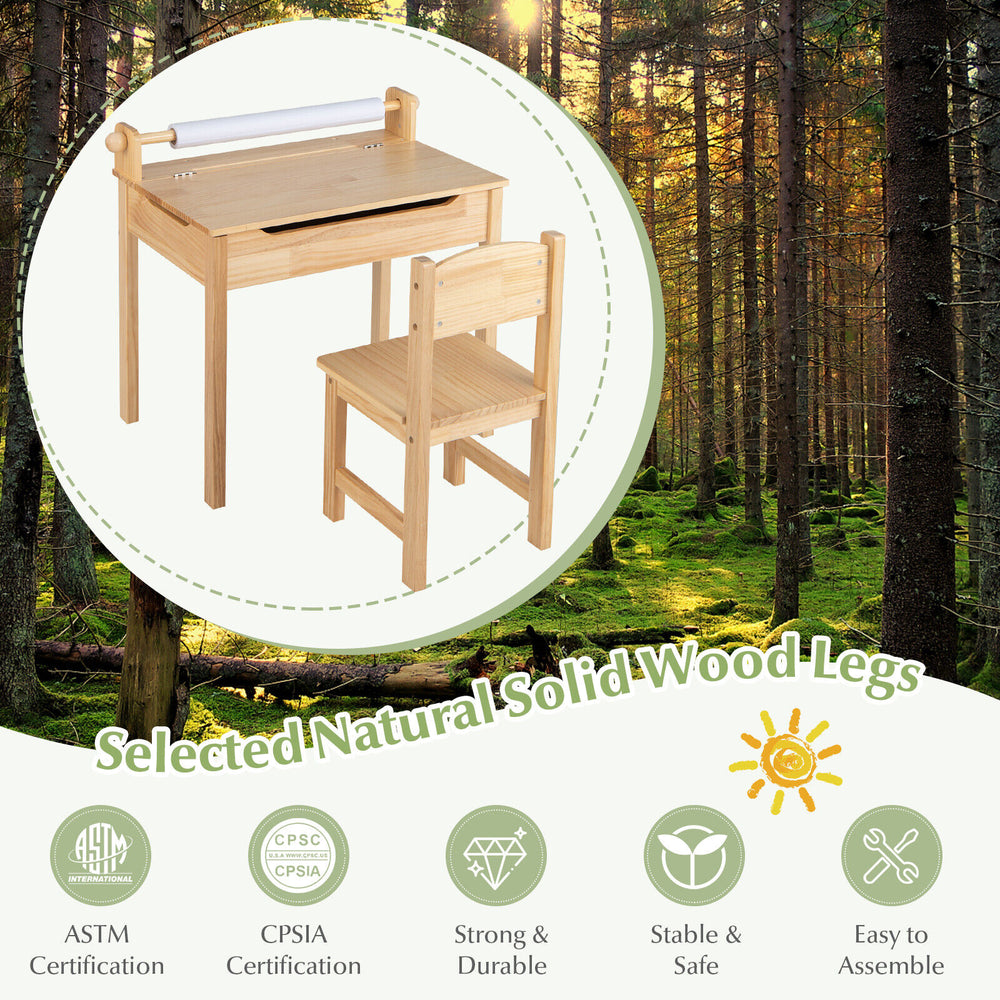 Toddler activity table and chair set with solid wood legs, paper roll holder, and storage, perfect for creative play.