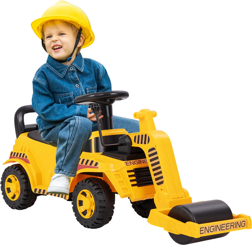 Toddler ride-on car in yellow with adjustable roller, under-seat storage, and stable treaded wheels for outdoor fun.