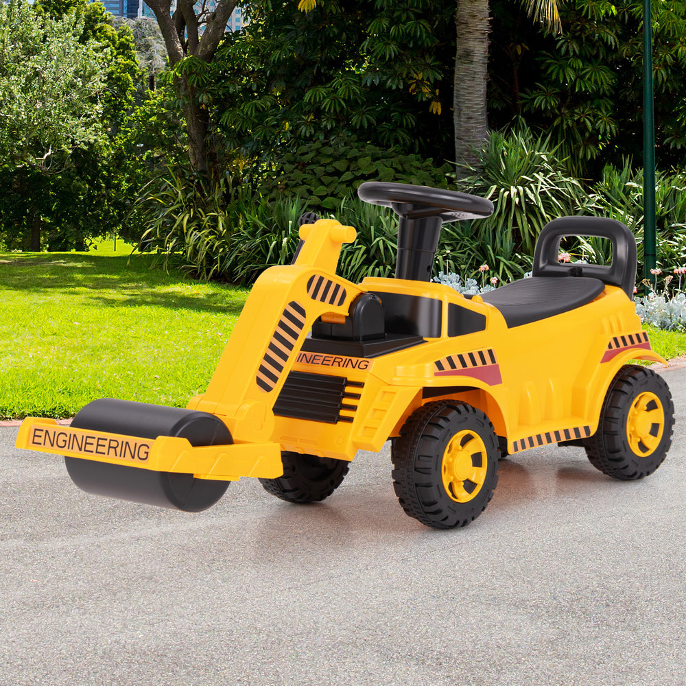 Toddler ride-on car in yellow with adjustable roller, under-seat storage, and puncture-proof wheels for outdoor fun.