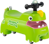 Green toddler ride-on toy car with dinosaur design, featuring lights, sounds, and under-seat storage for fun and safety.