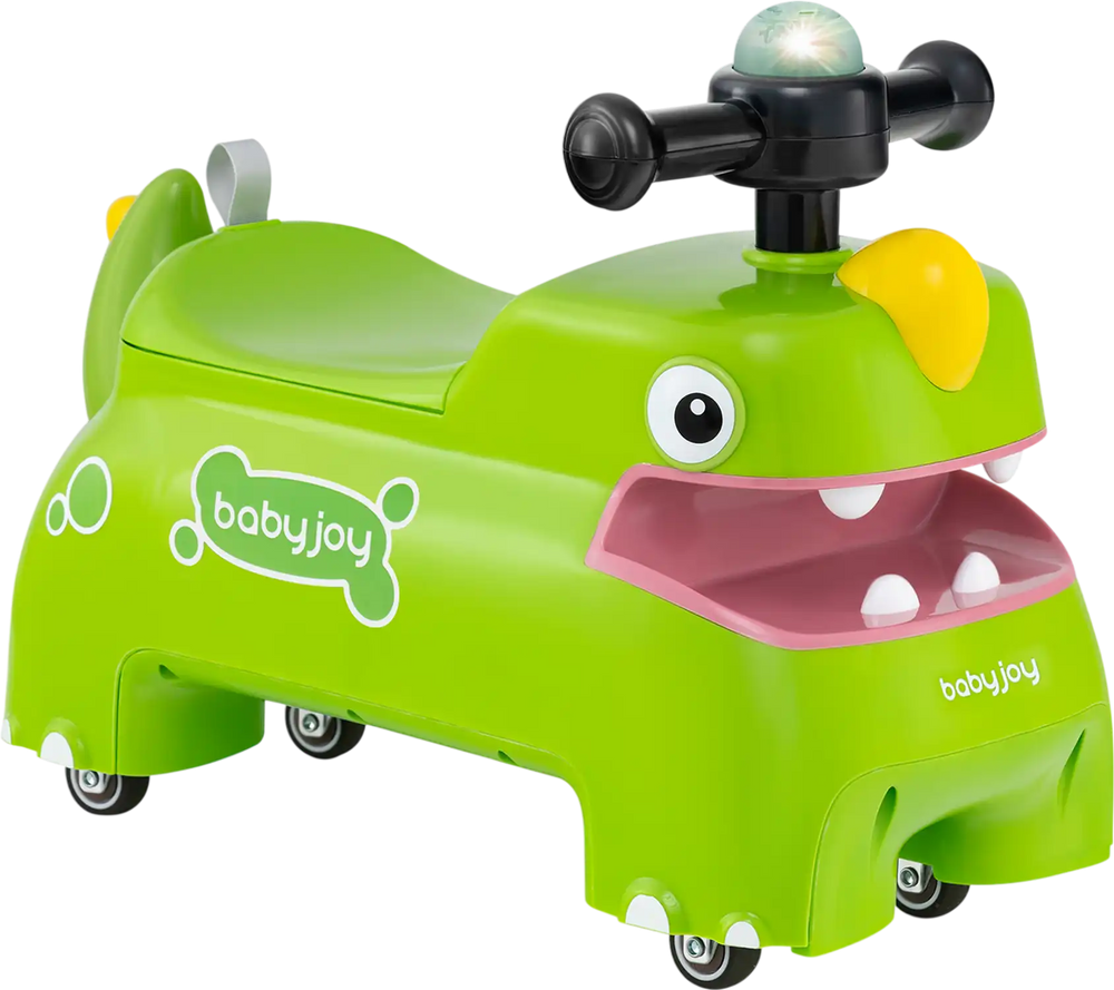 Green toddler ride-on toy car with dinosaur design, featuring lights, sounds, and under-seat storage for fun and safety.