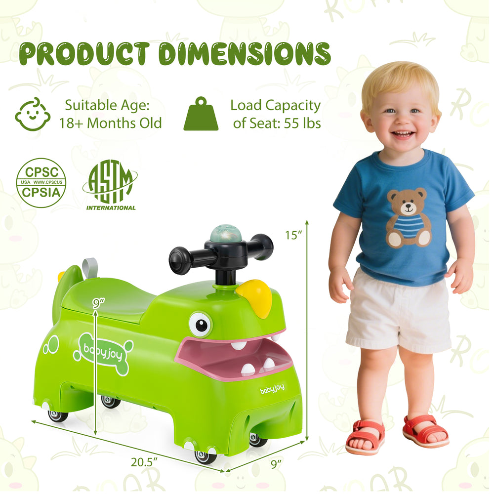 Toddler ride-on toy car in green with dinosaur design, featuring lights, sounds, and under-seat storage for kids 18+.