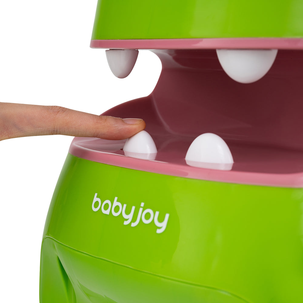 Close-up of the green toddler ride-on toy with press-able dinosaur teeth, featuring lights and sounds for interactive.