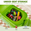 Under-seat storage in the green toddler ride-on toy holds snacks, dolls, and building blocks for easy access during.