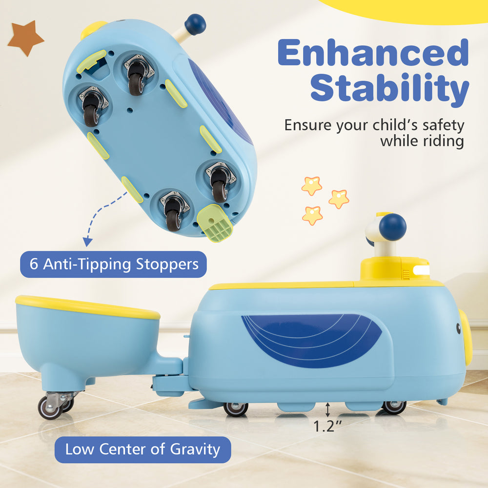 Toddler ride-on toy in blue with trailer, featuring 6 anti-tipping stoppers for enhanced stability and safety.