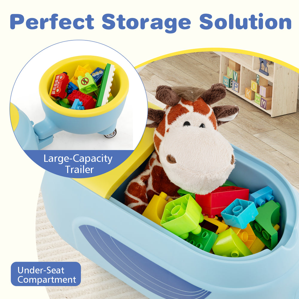 Toddler ride-on toy in blue with large-capacity trailer, under-seat storage, and engaging light music for fun playtime.