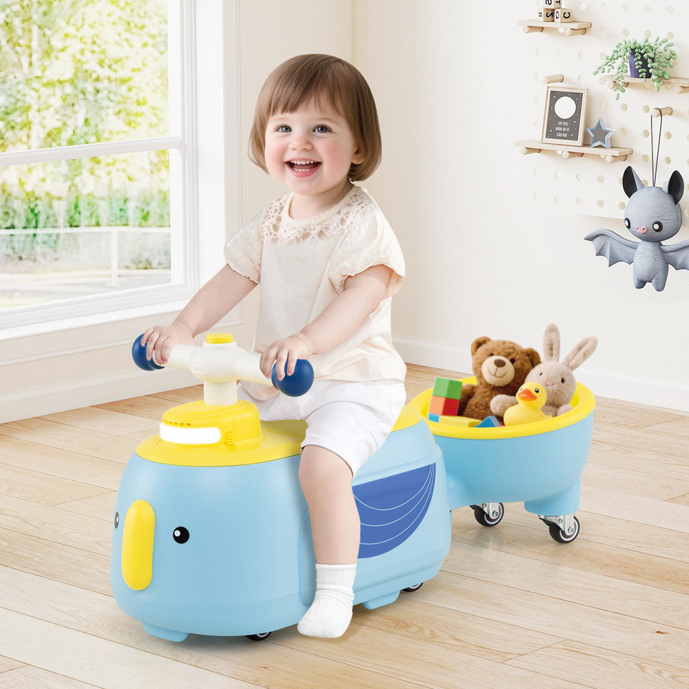 Toddler ride-on toy in blue with trailer, featuring storage and music, designed for fun and stability indoors and.