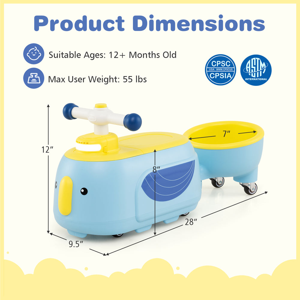 Toddler ride-on toy with trailer in blue, featuring dimensions, storage compartment, and safety features for kids.