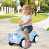 Toddler riding toy car in blue with LED headlights, steering wheel, and under-seat storage for outdoor fun.