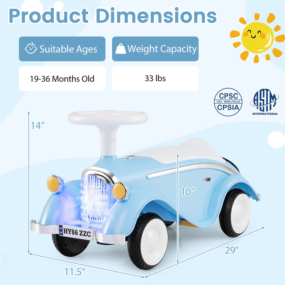 Toddler ride-on toy classic sliding car in blue with LED headlights and horn, designed for stability and safety.