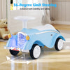 Classic blue toddler ride-on car featuring a steering wheel, LED headlights, and 36-degree limit steering for safety.