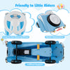 Toddler ride-on toy car in blue featuring an easy-to-use steering wheel and 4-wheel support for stability and safety.