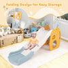 Foldable slide with basketball hoop for kids, featuring a buffer zone, made of BPA-free HDPE, perfect for indoor play.