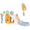 Foldable slide with basketball hoop for kids, featuring a deceleration zone and safe BPA-free HDPE material for indoor.