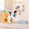 Foldable slide with basketball hoop for kids, featuring a buffer zone and safe BPA-free HDPE material for indoor play.