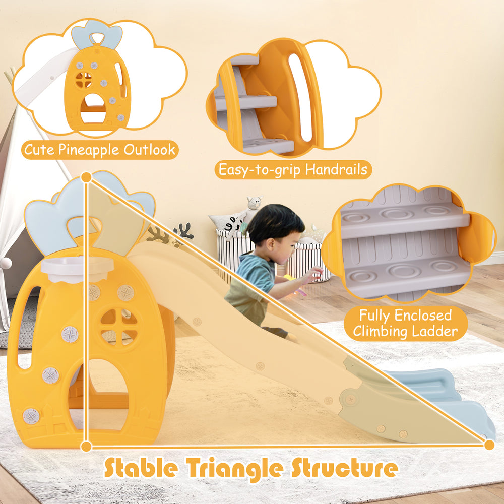 Foldable slide with a cute pineapple design, featuring easy-to-grip handrails and a climbing ladder for kids aged 3+.