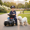 Toddler sliding car in black with police lights and steering wheel, featuring under-seat storage for fun outdoor play.