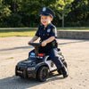 Toddler sliding police car in black, featuring a child-friendly steering wheel and siren sounds for imaginative.