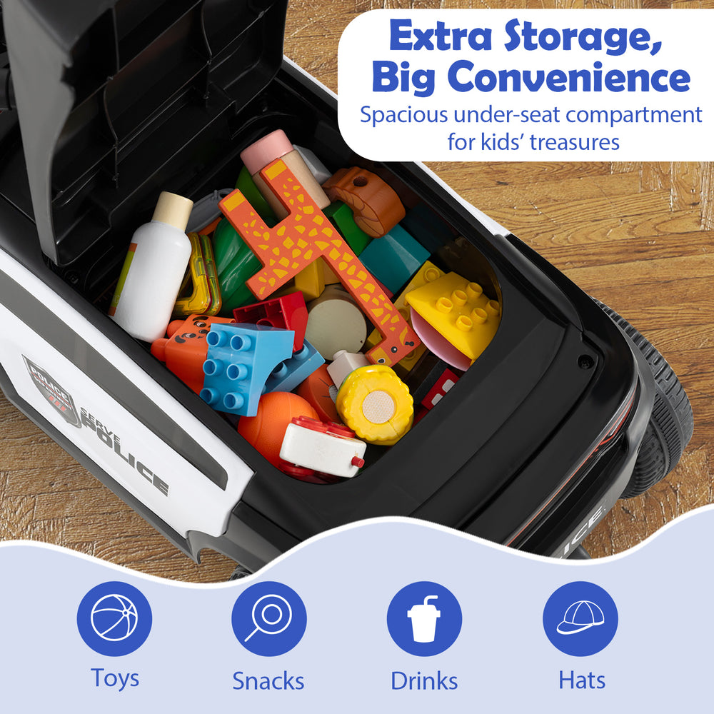 Under-seat storage of the black toddler sliding car filled with toys and snacks for organized playtime fun.