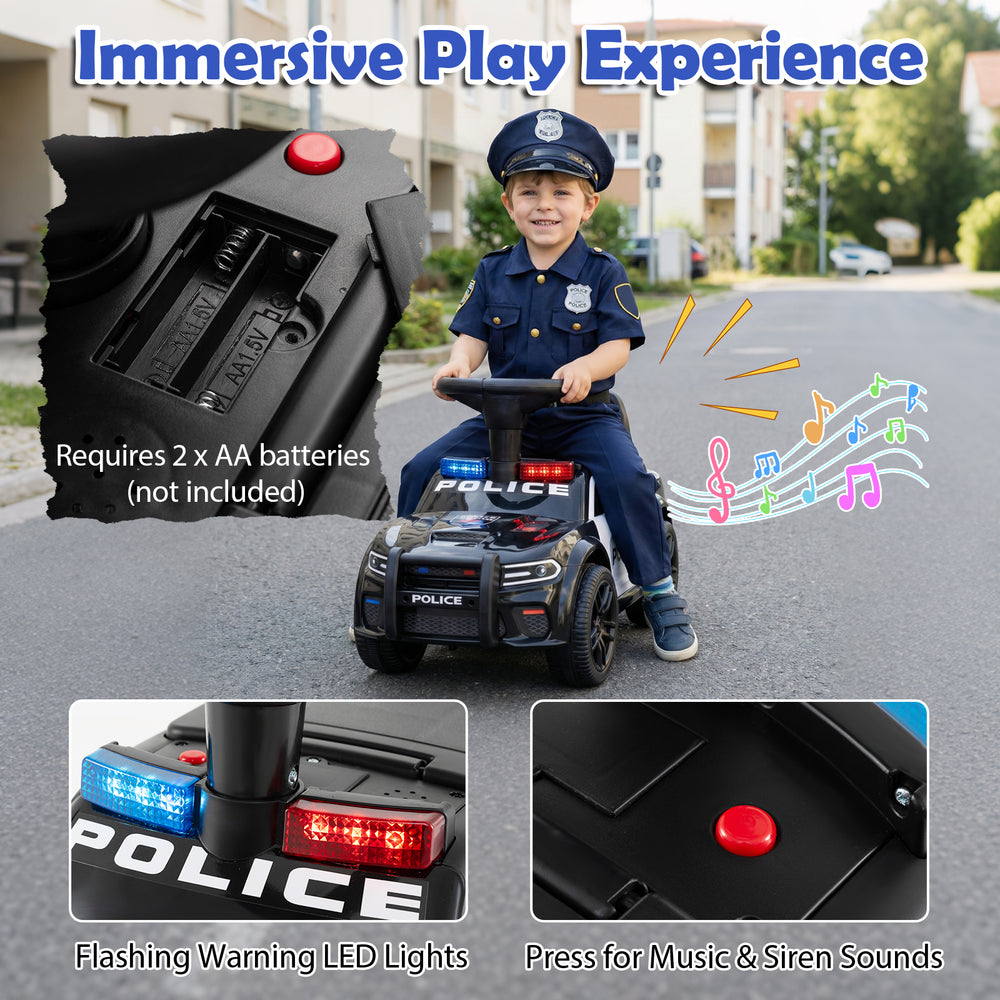 Toddler sliding car in black with police lights, steering wheel, and under-seat storage for engaging playtime fun.